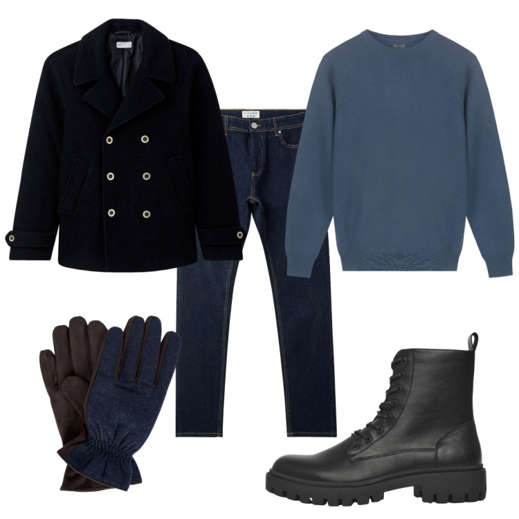 Outfit uomo - Total look #2268330. Stile Trendy per Tutti i giorni. Abbinamento con cappotti, jeans skinny, anfibi, guanti, maglieria.