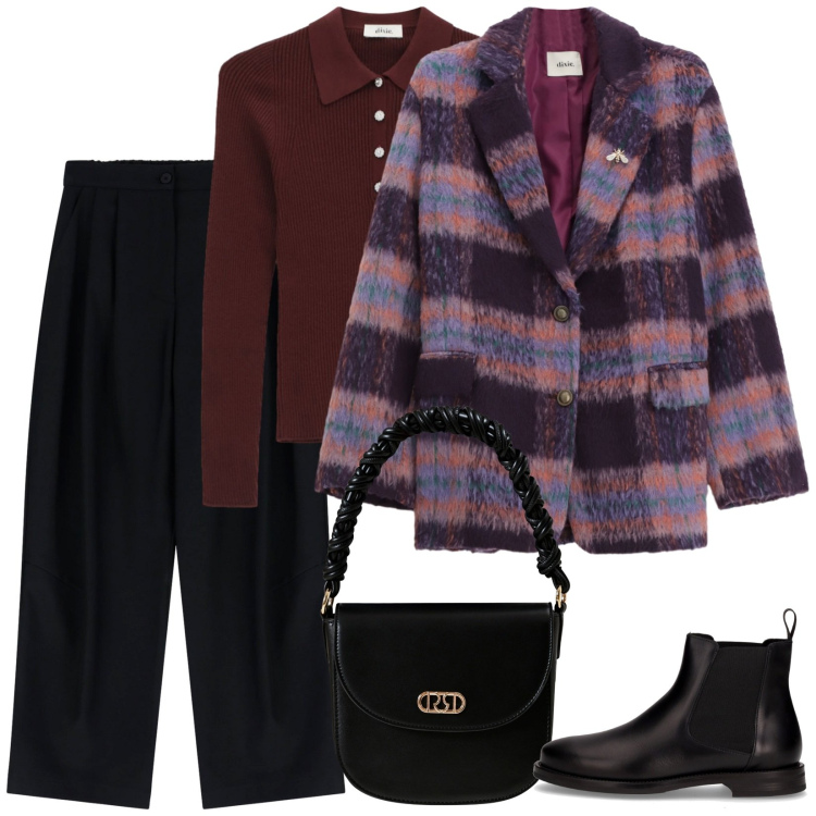Outfit donna - Morbida giornata. Stile Casual chic per Ufficio. Abbinamento con borse a mano, pantaloni a palazzo, maglieria, blazer, stivaletti chelsea.