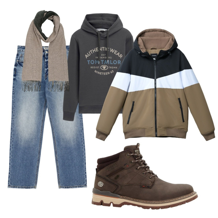Outfit uomo - Total look #2268332. Stile Casual per Tutti i giorni. Abbinamento con felpe con cappuccio, stivali e stivaletti, piumini, jeans, sciarpe.