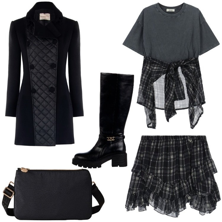 Outfit donna - Halloween mood. Stile Rock per Serata fuori. Abbinamento con t-shirt, minigonne, cappotti, stivali sopra il ginocchio, borse a tracolla.