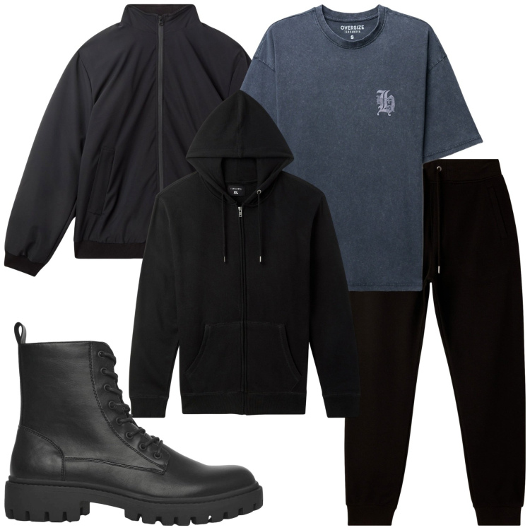 Outfit uomo - Giorno grigio. Stile Urban per Tutti i giorni. Abbinamento con giacche, felpe con cappuccio, anfibi, t-shirt, pantaloni.
