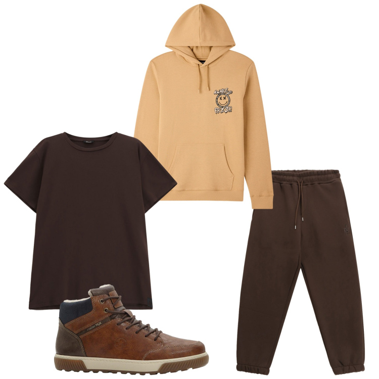 Outfit uomo - Sport. Stile Casual per Sport. Abbinamento con sneakers alte, felpe con cappuccio, pantaloni, t-shirt.