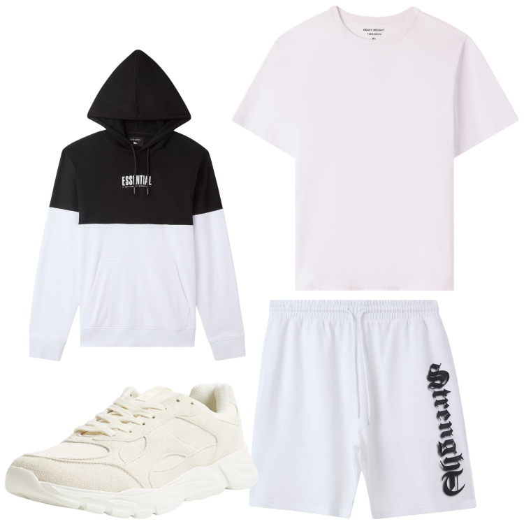 Outfit uomo - Bianco sport. Stile Casual per Tutti i giorni. Abbinamento con sneakers, felpe con cappuccio, bermuda, t-shirt.