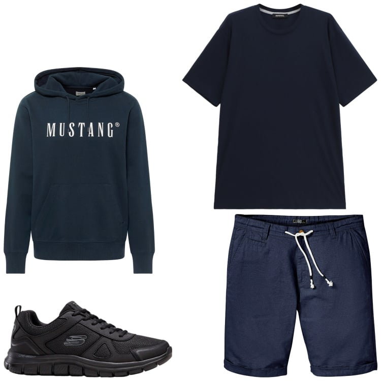 Outfit uomo - Palestra. Stile Casual per Sport. Abbinamento con sneakers, bermuda, felpe con cappuccio, t-shirt.