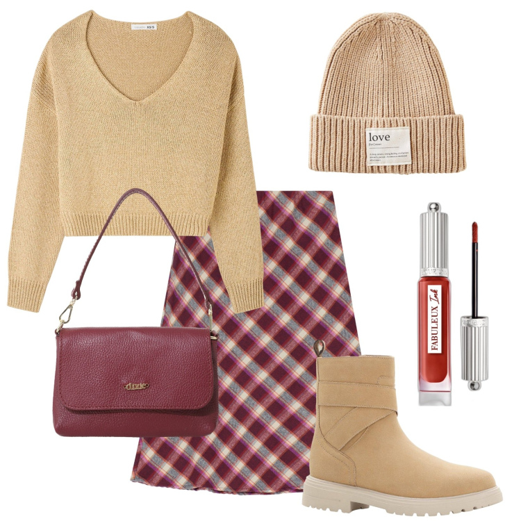 Outfit donna - La gonna a quadri. Stile Trendy per Tutti i giorni. Abbinamento con berretti, stivaletti, rossetti, maglieria, borse a tracolla, gonne.