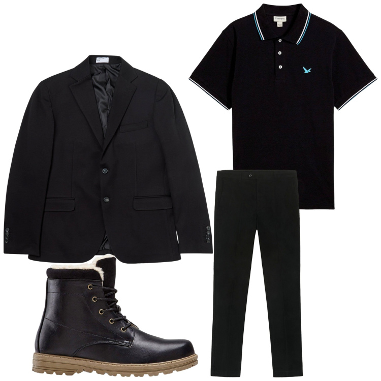Outfit uomo - Black. Stile Casual per Tutti i giorni. Abbinamento con stivali e stivaletti, polo, giacche, pantaloni chino.