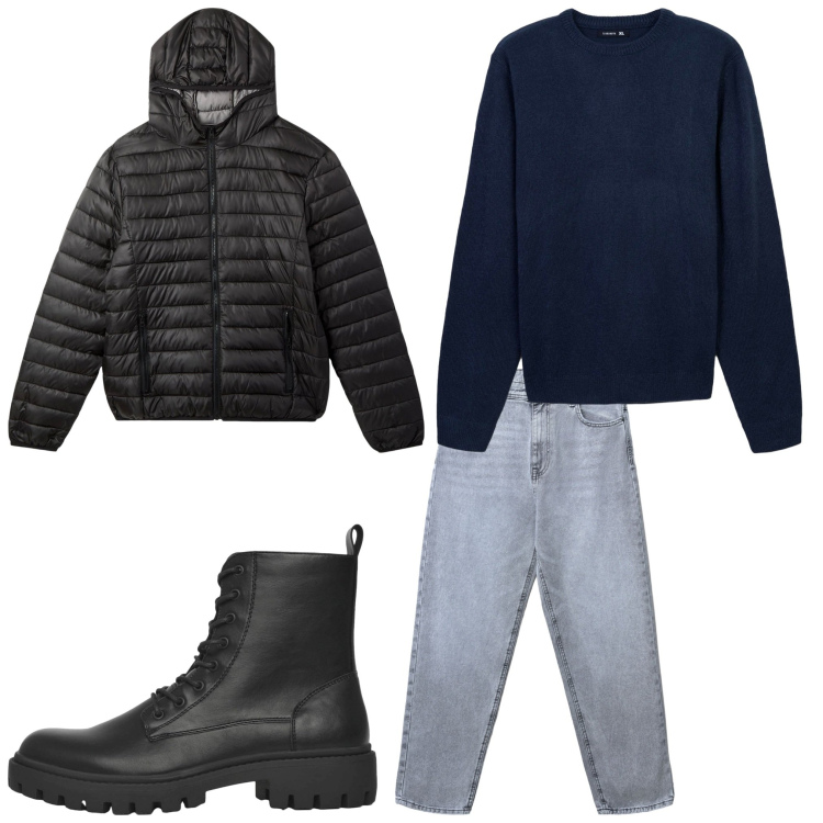 Outfit uomo - Minimal. Stile Casual per Tutti i giorni. Abbinamento con piumini, anfibi, jeans, maglieria.
