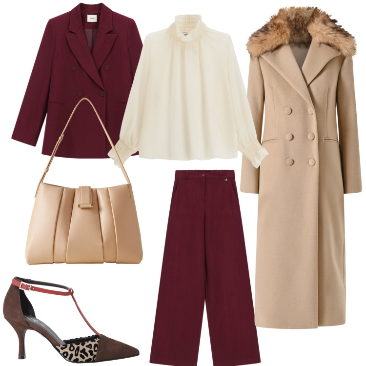 Outfit donna - Sobrie ma di tendenza. Stile Glamour per Ufficio. Abbinamento con cappotti, décolleté, camicie, pantaloni, borse a spalla.