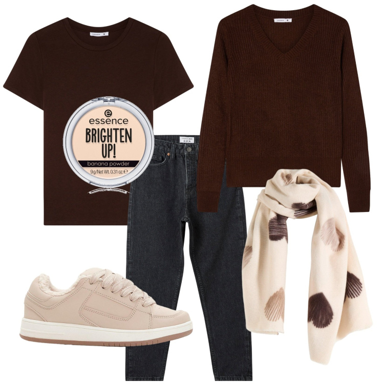 Outfit donna - In pieno autunno. Stile Casual per Tutti i giorni. Abbinamento con sciarpe, sneakers, ciprie, maglieria, jeans mom, t-shirt.