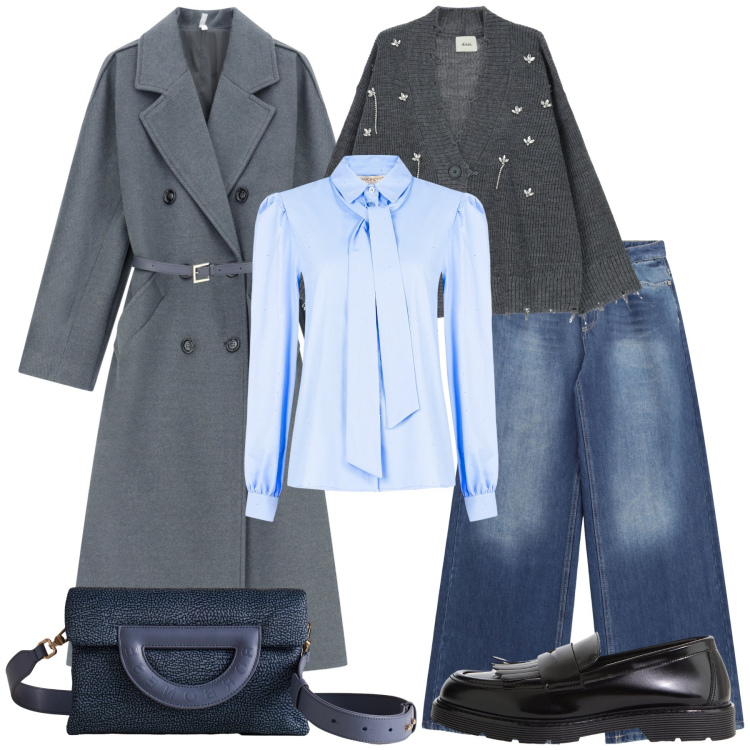 Outfit donna - Il potere della cravatta. Stile Glamour per Ufficio. Abbinamento con cardigans, mocassini, jeans, camicie, borse a tracolla, cappotti.