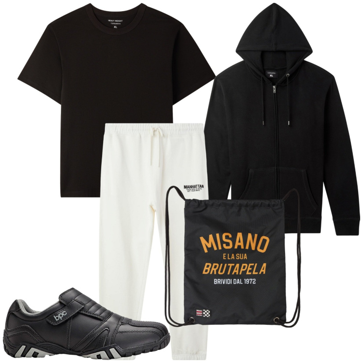 Outfit uomo - Total look #2268352. Stile Casual per Tutti i giorni. Abbinamento con scarpe sportive, borse sportive, felpe con cappuccio, pantaloni sportivi, t-shirt.