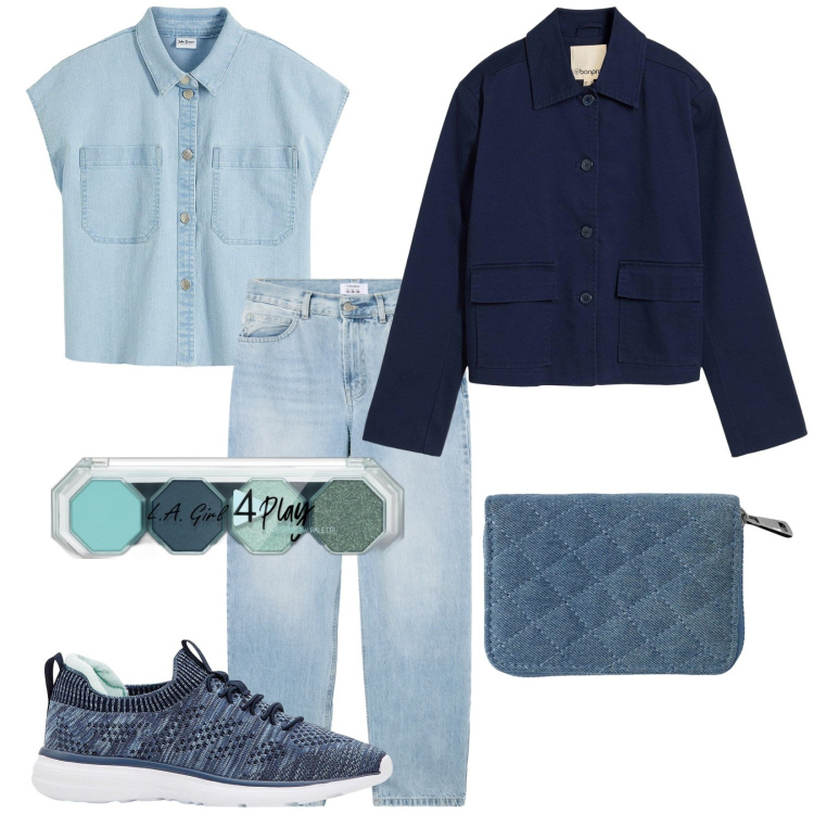 Outfit donna - La girl. Stile Urban per Tutti i giorni. Abbinamento con sneakers, camicie, blazer, ombretti, portafogli, jeans dritti.