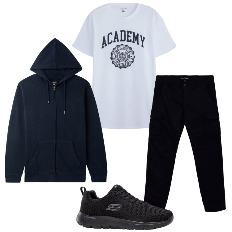 Outfit uomo - Total look #2268359. Stile Casual per Tutti i giorni. Abbinamento con sneakers, felpe con cappuccio, pantaloni cargo, t-shirt sportive.