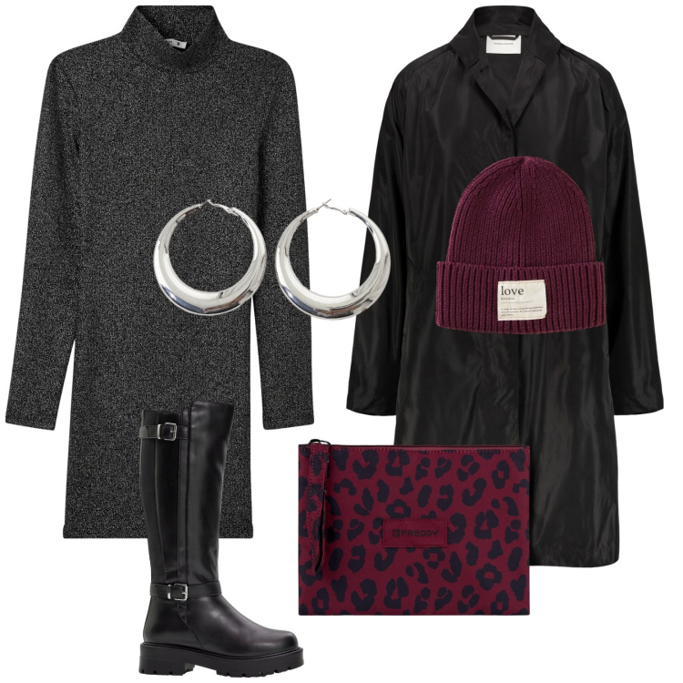Outfit donna - Qui fa freddo. Stile Basic per Tutti i giorni. Abbinamento con berretti, stivali, vestiti corti, orecchini, clutch, trench.