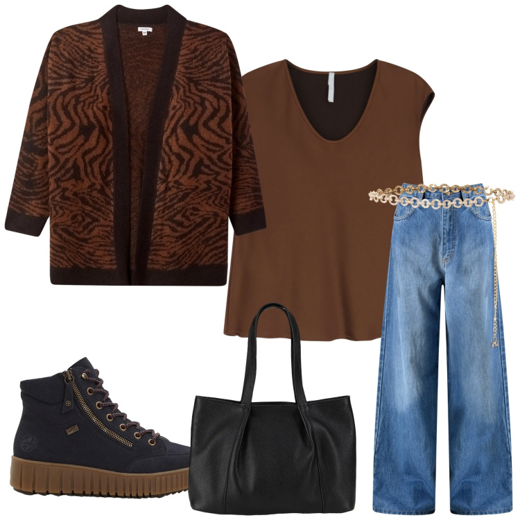 Outfit donna - Total look #2268362. Stile Casual Abbinamento con shopping bag, sneakers alte, cardigans, cinture, jeans, top.