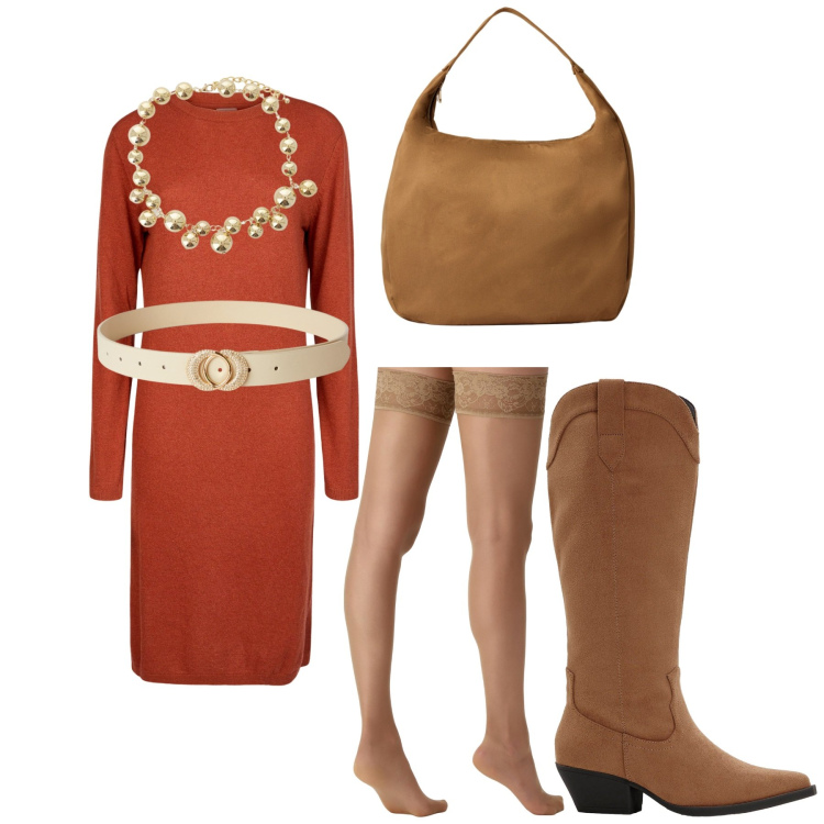 Outfit donna - Tramonto autunnale. Stile Glamour Abbinamento con stivali, cinture, borse a mano, collant, collane, vestiti midi/longuette.