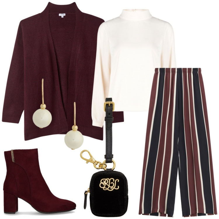 Outfit donna - Total look #2268364. Stile Casual chic per Tutti i giorni. Abbinamento con cardigans, bluse, pantaloni a palazzo, pochette, orecchini, stivaletti.