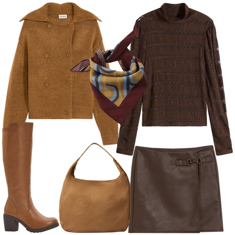 Outfit donna - Total look #2268367. Stile Casual chic per Tutti i giorni. Abbinamento con cardigans, maglieria, stivali, gonne, borse a mano, foulard.