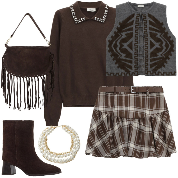 Outfit donna - La collana di perle regina nel 2026. Stile Trendy per Tutti i giorni. Abbinamento con stivaletti, minigonne, borse a tracolla, collane, maglieria, gilet.