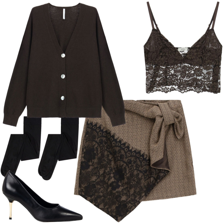 Outfit donna - Look marrone con dettagli in pizzo. Stile Trendy per Serata fuori. Abbinamento con collant, décolleté, cardigans, minigonne, top.