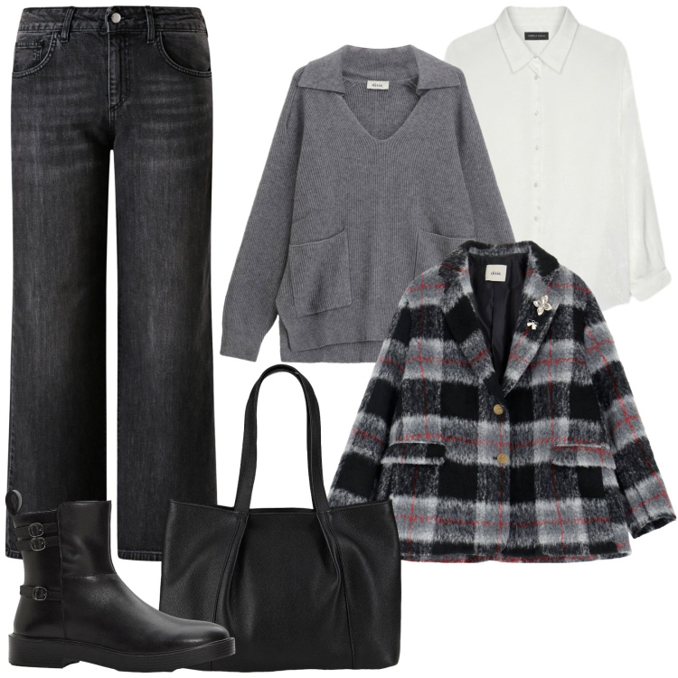 Outfit donna - Blazer a quadri e jeans. Stile Casual per Ufficio. Abbinamento con shopping bag, stivaletti, maglieria, blazer, jeans dritti, camicie.
