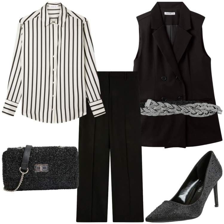 Outfit donna - Blazer smanicato. Stile Chic per Serata fuori. Abbinamento con décolleté, borse a tracolla, cinture, gilet, camicie, pantaloni a palazzo.