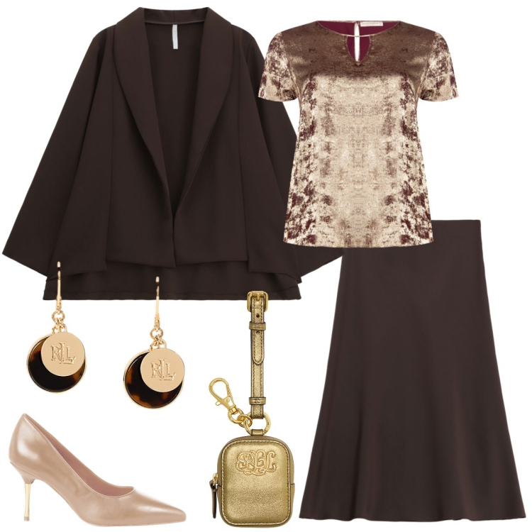 Outfit donna - Total look #2268375. Stile Chic per Serata fuori. Abbinamento con bluse, décolleté, gonne longuette, blazer, orecchini, pochette.