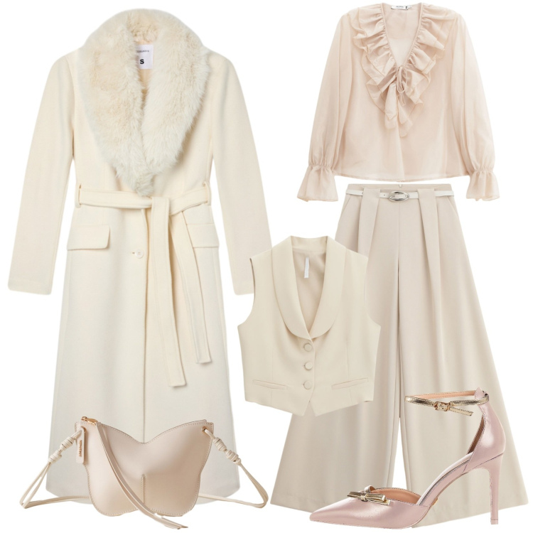 Outfit donna - Cerimonia. Stile Bon Ton per Cerimonia. Abbinamento con cappotti, camicie, borse a tracolla, décolleté, pantaloni a palazzo, gilet.