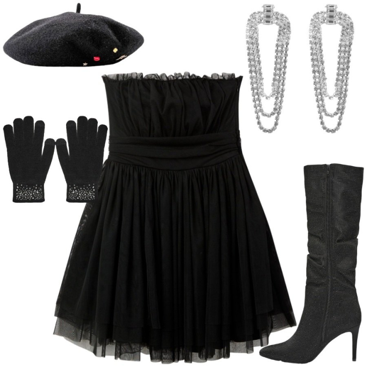 Outfit donna - Dolcetto o scherzetto. Stile Glamour per Serata fuori. Abbinamento con cappelli e berretti, vestiti corti, orecchini, stivali, guanti.