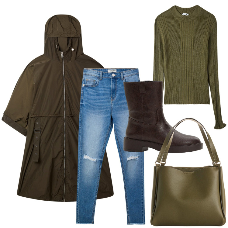 Outfit donna - Green touch. Stile Minimal per Scuola/Università. Abbinamento con stivaletti, borse a mano, trench, maglieria, jeans strappati.