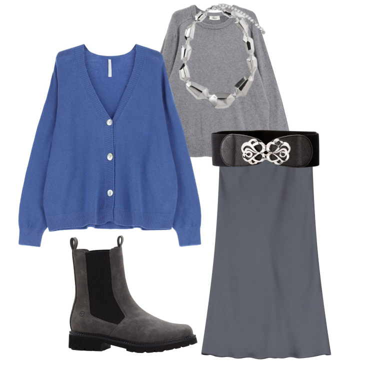 Outfit donna - Total look #2268382. Stile Urban per Tutti i giorni. Abbinamento con cinture, stivaletti chelsea, cardigans, gonne, pullovers, ciondoli.