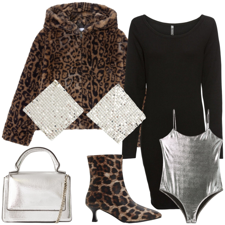 Outfit donna - Animalier luccicante. Stile Glamour per Serata fuori. Abbinamento con vestiti lunghi, stivaletti, orecchini, borse a tracolla, body, ecopellicce.