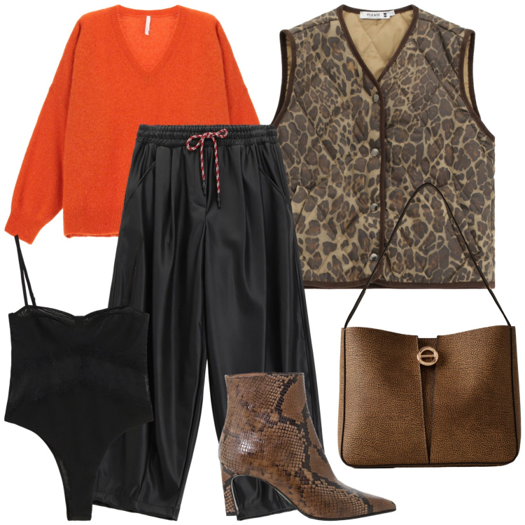 Outfit donna - L arancione in ufficio. Stile Trendy per Ufficio. Abbinamento con gilet, borse a secchiello, maglieria, pantaloni a palazzo, stivaletti, body.