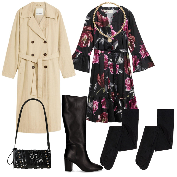 Outfit donna - Love curvy. Stile Glamour per Serata fuori. Abbinamento con vestiti chemisier, trench, collant, borse a spalla, collane, stivali.