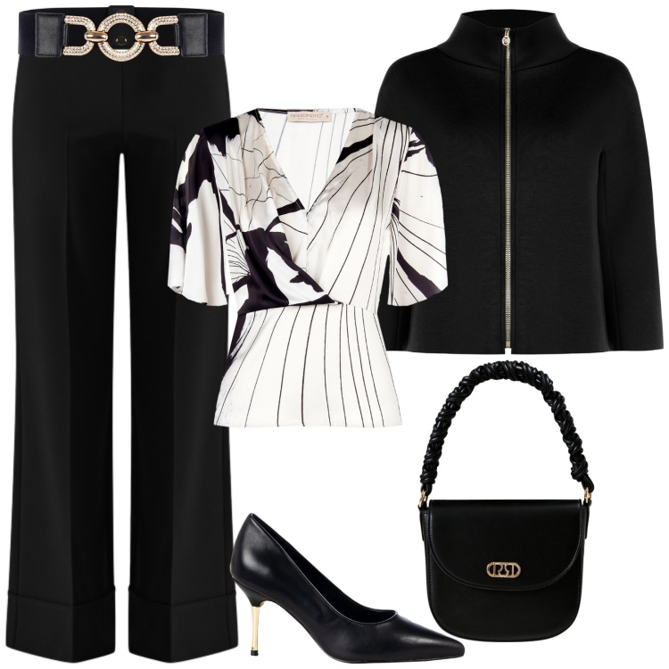 Outfit donna - Rinascimento outfit. Stile Chic per Serata fuori. Abbinamento con pantaloni a palazzo, cinture, bluse, cappe, borse a mano, décolleté.