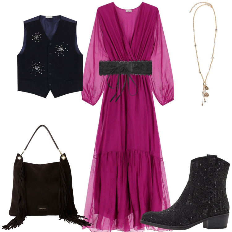 Outfit donna - Total look #2268393. Stile Vintage retrò per Serata fuori. Abbinamento con stivaletti texani, cinture, borse a spalla, vestiti lunghi, gilet, ciondoli.
