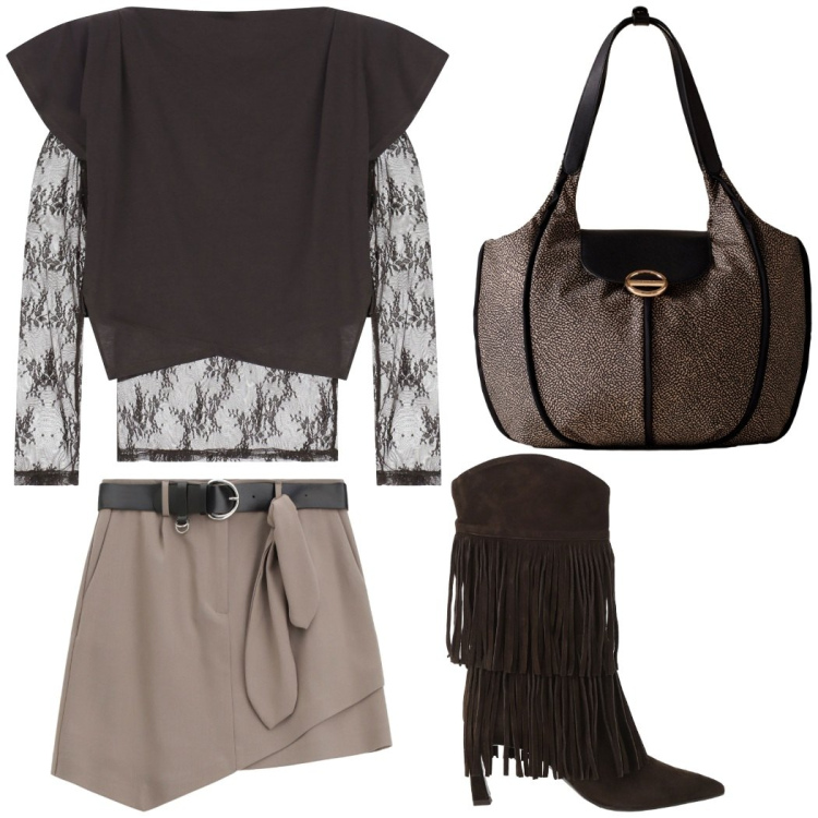 Outfit donna - Dettaglio perfetto. Stile Casual chic per Serata fuori. Abbinamento con t-shirt, stivali, shopping bag, minigonne.