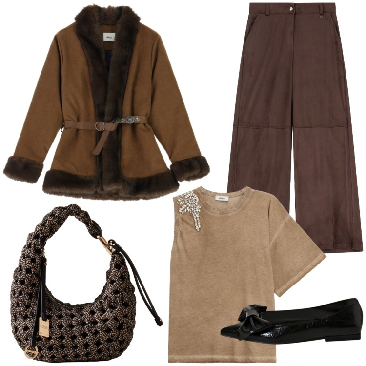 Outfit donna - La borsa chic. Stile Casual chic per Tutti i giorni. Abbinamento con borse a mano, ballerine, pantaloni a palazzo, cinture, t-shirt.