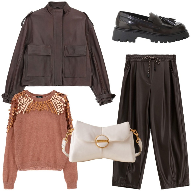 Outfit donna - Aperitivo con le amiche. Stile Casual chic per Serata fuori. Abbinamento con giacche, pochette, pullovers, mocassini, pantaloni a palazzo.