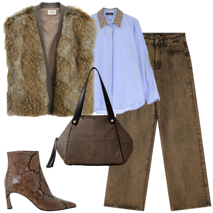 Outfit donna - Dixie. Stile Trendy per Tutti i giorni. Abbinamento con jeans, camicie, stivaletti, cappotti, shopping bag.