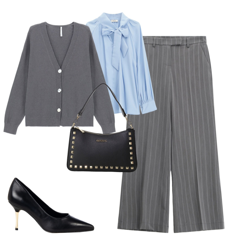 Outfit donna - Ottobre. Stile Chic per Tutti i giorni. Abbinamento con bluse, décolleté, pantaloni a palazzo, pochette, cardigans.
