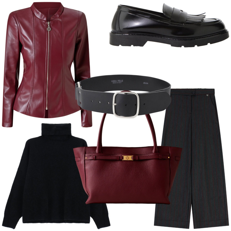 Outfit donna - Trendy in borgogna. Stile Trendy per Tutti i giorni. Abbinamento con mocassini, cinture, pantaloni a palazzo, shopping bag, blazer, maglieria.
