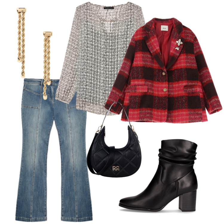 Outfit donna - Total look #2268413. Stile Etnico per Tutti i giorni. Abbinamento con blazer, borse a tracolla, orecchini, jeans, bluse, stivaletti.
