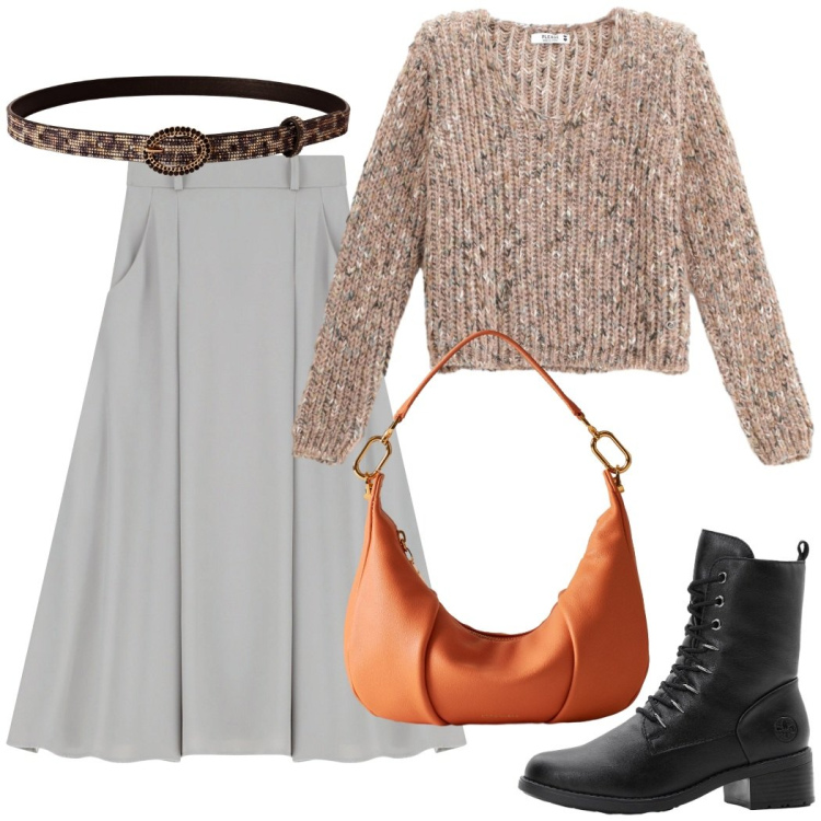 Outfit donna - Cura nei dettagli. Stile Casual chic per Tutti i giorni. Abbinamento con stivaletti, cinture, maglieria, borse a spalla, gonne lunghe.