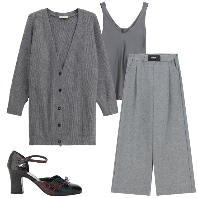Outfit donna - Total grey. Stile Casual chic per Tutti i giorni. Abbinamento con décolleté, pantaloni a palazzo, top, cardigans.