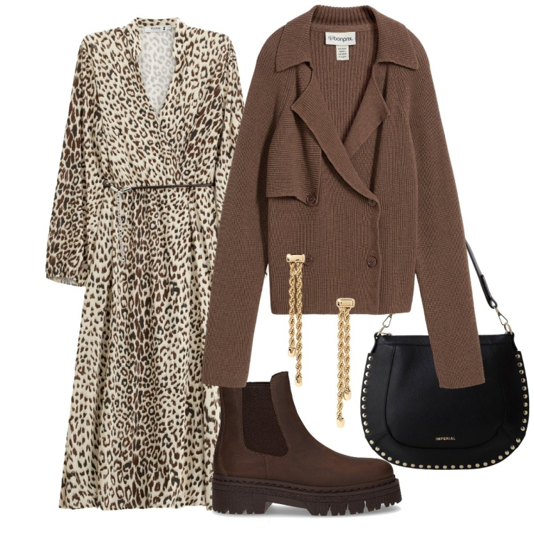 Outfit donna - La giacca cardigan L\'ALTERNATIVA. Stile Glamour per Tutti i giorni. Abbinamento con cardigans, vestiti midi/longuette, borse a spalla, orecchini, stivaletti chelsea.