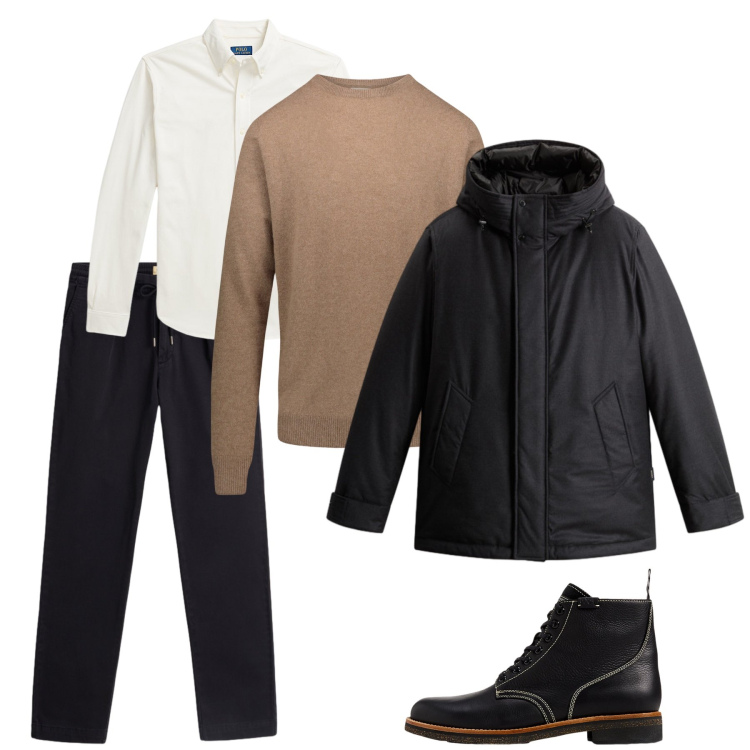 Outfit uomo - Total look #2268420. Stile Business/Elegante Abbinamento con stivali, camicie, pantaloni, parka, maglieria.