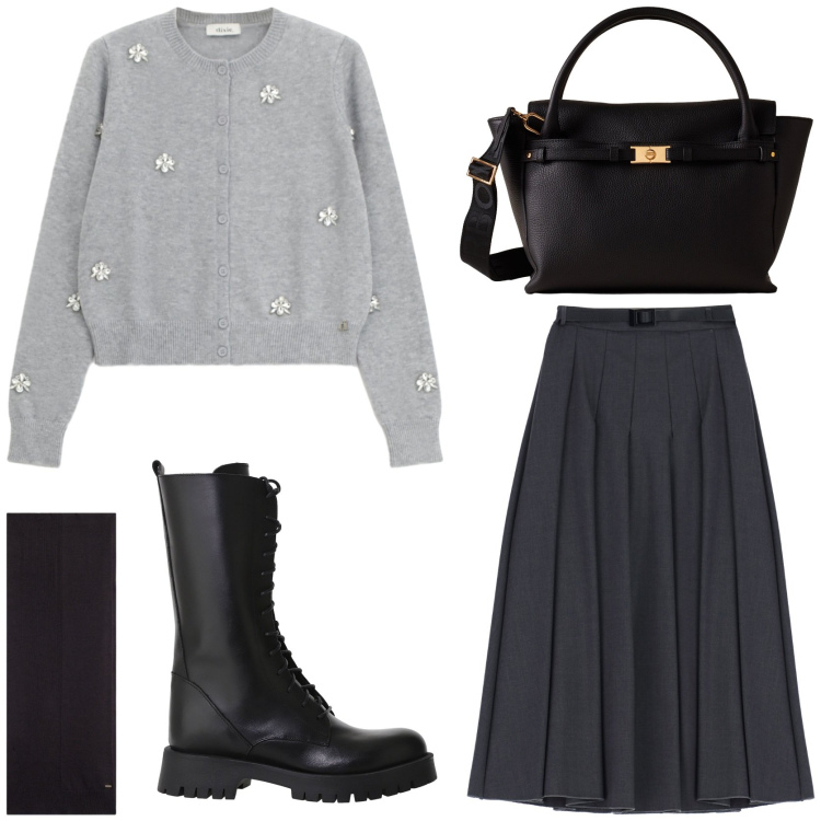 Outfit donna - Riunione aziendale. Stile Casual chic per Ufficio. Abbinamento con borse a mano, gonne longuette, cardigans, stivali, sciarpe.