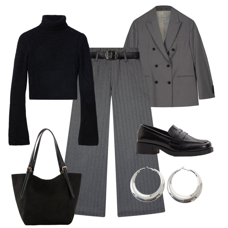 Outfit donna - Mannish evergreen. Stile Mannish per Ufficio. Abbinamento con mocassini, shopping bag, pantaloni, maglieria, orecchini, blazer.