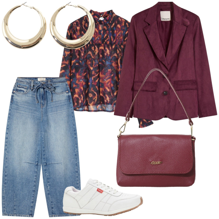 Outfit donna - Snikers. per Tutti i giorni. Abbinamento con bluse, sneakers, blazer, jeans, borse a tracolla, orecchini.